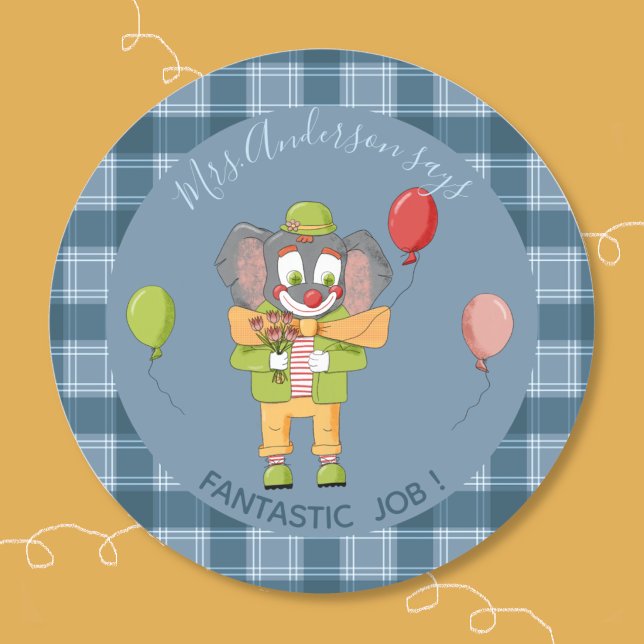 Autocollant de récompense d'élève éléphant clown d (Fun student reward sticker with a clown elephant . Personalize it with your text .)