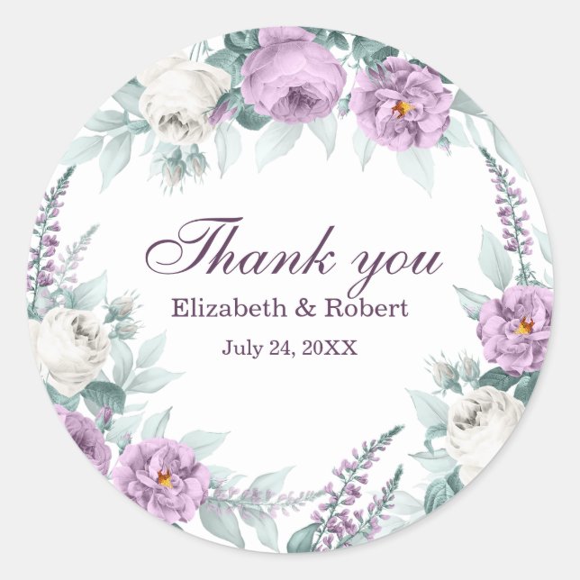 Autocollant de remerciement de mariage à fleurs bl (Devant)