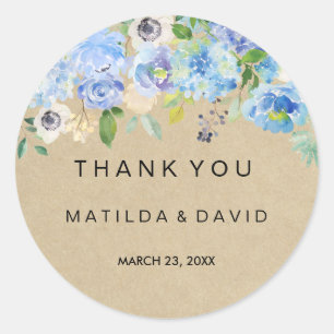 Autocollant de remerciement de mariage floral bleu