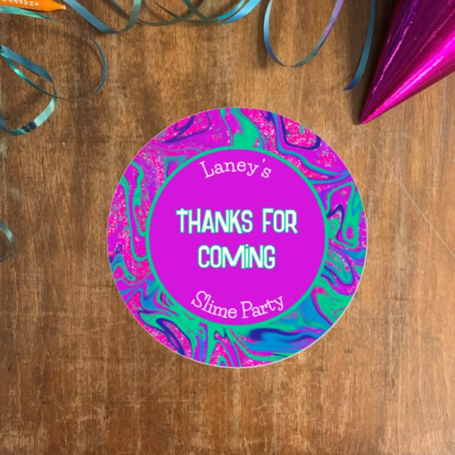 Autocollant de remerciement pour fête d'anniversai (Customize this template for party favor thank you gifts. Bright groovy purple n aqua slime party
)