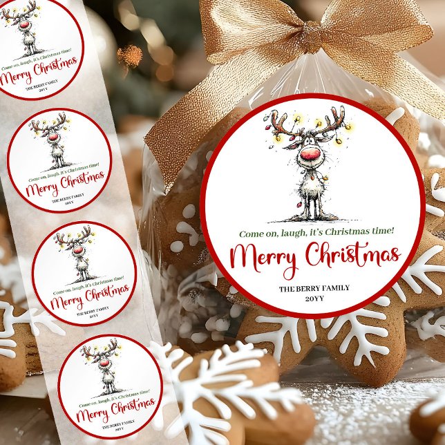 Autocollant de renne brillant et original rouge ve (Bright quirky reindeer sticker red green cartoon

)
