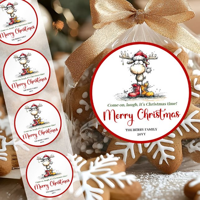 Autocollant de renne drôle fantaisiste rouge vert  (Funny reindeer sticker whimsical red green cartoon

)