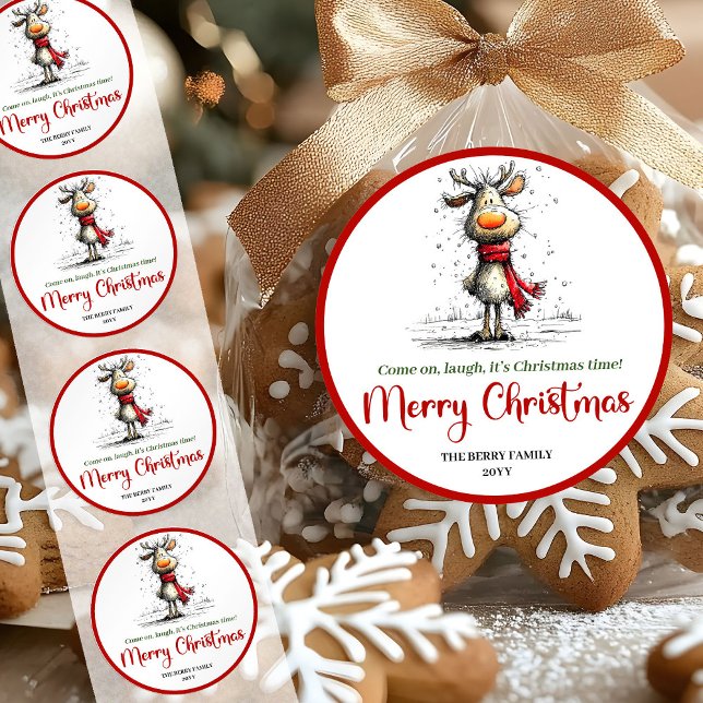 Autocollant de renne excentrique heureux avec artw (Happy quirky reindeer sticker red green artwork

)