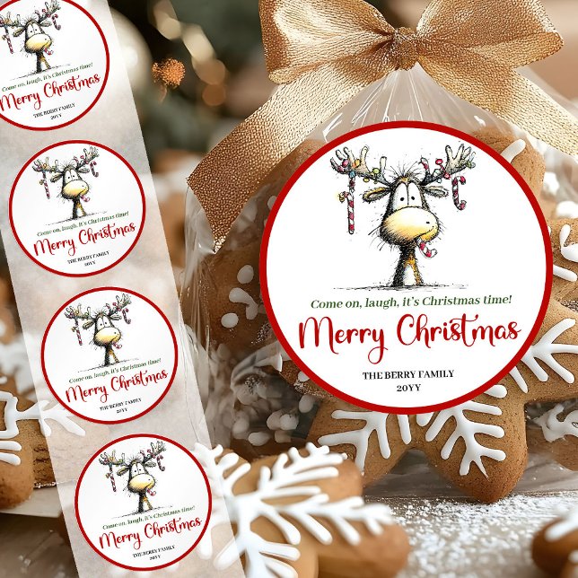 Autocollant de renne excentrique joyeux avec lettr (Cheerful quirky reindeer sticker festive lettering

)