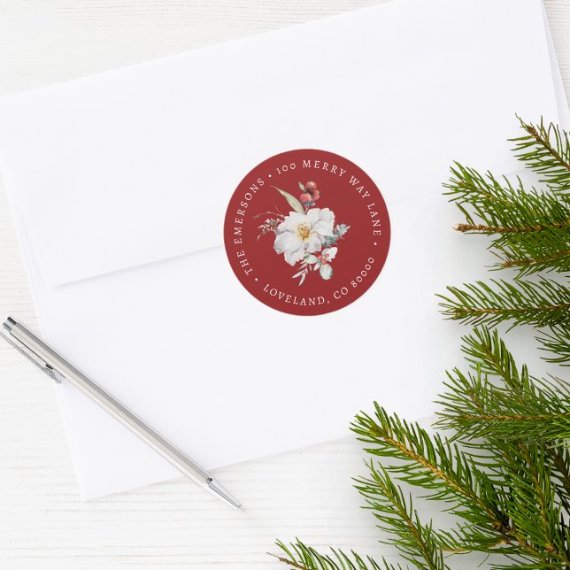 Autocollant de scellement d'enveloppe botanique de (Red Holiday Return Address Envelope Seal Merry Christmas Watercolor Floral Botanical Berries)
