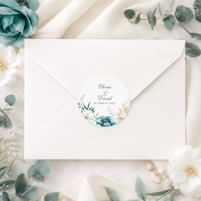 Autocollant de scellement d'enveloppe de mariage b (Teal Botanical Wedding Envelope Seal Sticker)