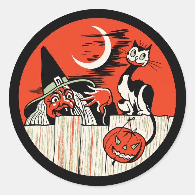 Autocollant de sorcière et de chat Halloween vinta (Devant)