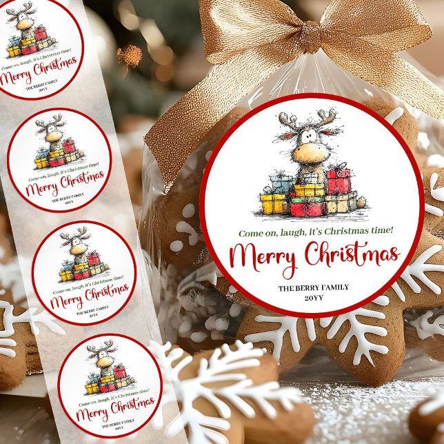 Autocollant de vacances amusant de renne excentriq (Sweet quirky reindeer fun holiday sticker label)