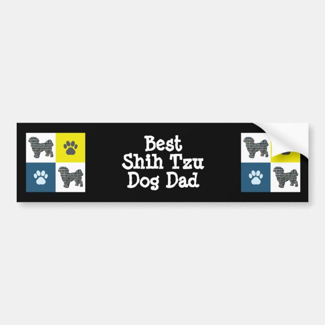 Autocollant De Voiture Chien Shih Tzu Silhouette Jaune & Grille Bleue Mei (Devant)