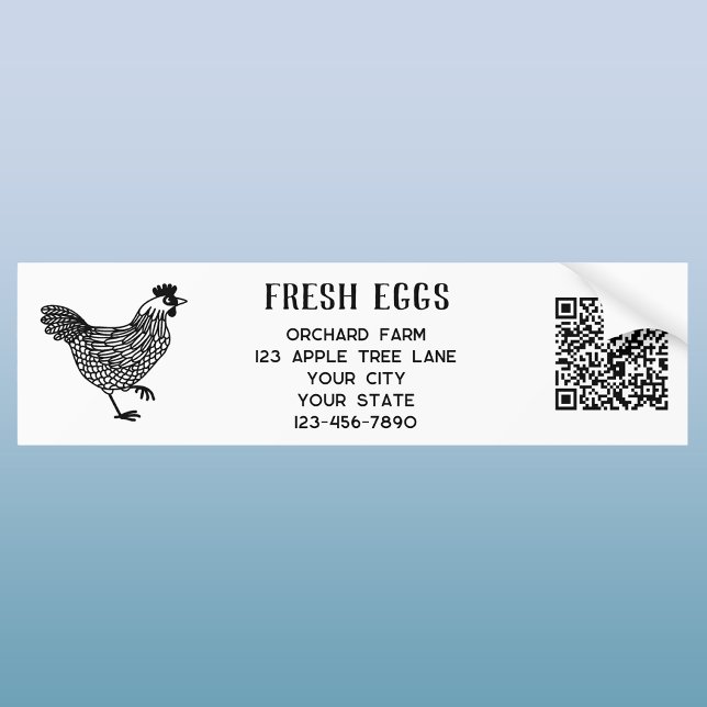 Autocollant De Voiture Code QR Œufs Frais de Poule de Ferme (Fresh Eggs chicken hen bumper sticker with custom text, farm details and QR code)