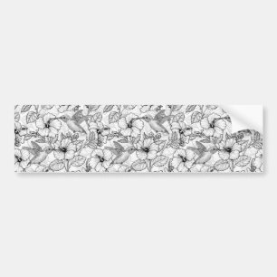 Autocollant De Voiture Colibris et fleurs d'hibiscus b&w