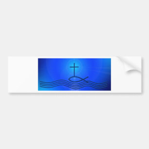 Autocollant De Voiture Croix et poissons bleus (Ichthus)