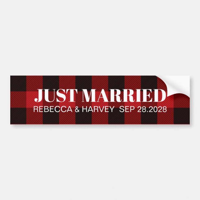 Autocollant De Voiture rouge buffle plaid rustique mariage vient de se ma (Devant)