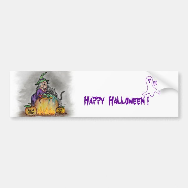 Autocollant De Voiture Sorcière et chat, Joyeux Halloween ! (Devant)