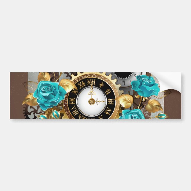 Autocollant De Voiture Steampunk Clock and Turquoise Roses on Striped (Devant)