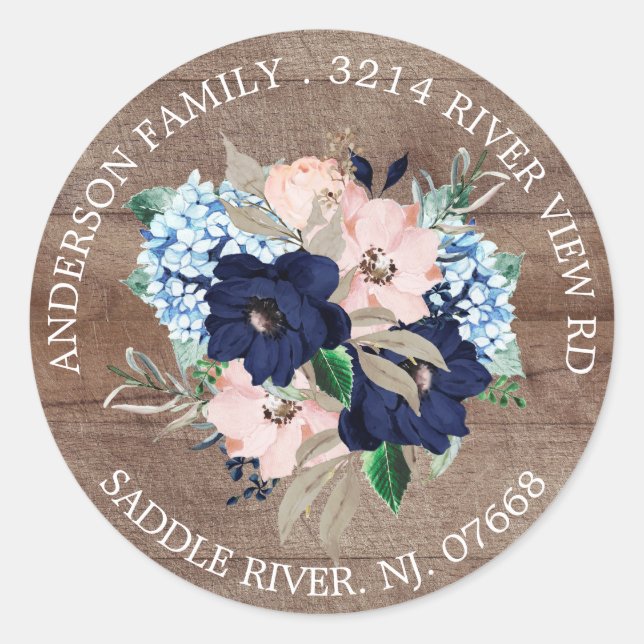 Autocollant d'étiquette d'adresse Floral Navy & Bl (Devant)