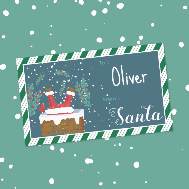 Autocollant d'étiquette de cadeau de Noël pour enf (Silly Santa going down the chimney kid Christmas gift tag rectangular sticker .)