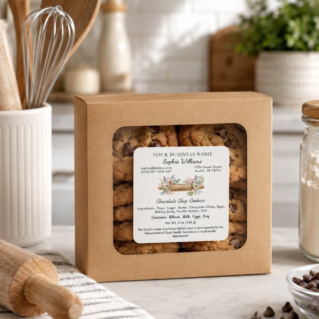Autocollant d'étiquette de loi sur les aliments de (Floral Rolling pin Cottage Food law stickers)