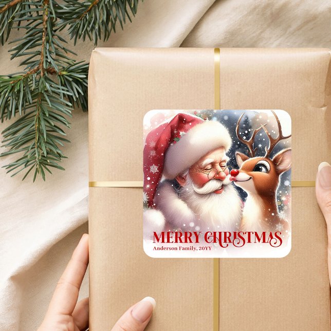 Autocollant d'hiver personnalisé de Père Noël et R (Cozy Personalized Santa and Rudolph Winter Sticker)