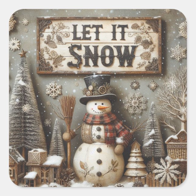 Autocollant d'hiver Rustique Snowman 'Let It Snow' (Devant)