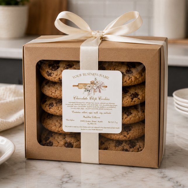 Autocollant d'ingrédients de boulangerie à domicil (Watercolor Rolling pin Bakery cottage Law Food label)