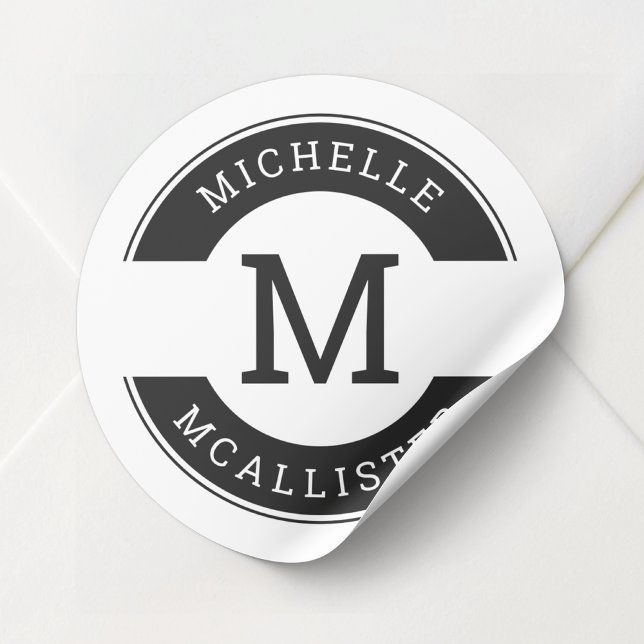 Autocollant d'initiale de monogramme moderne noir  (Modern Black and White Monogram Initial Sticker)