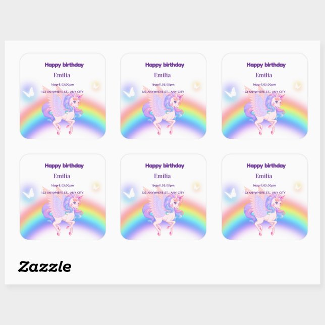 Autocollant d'invitation d'anniversaire Licorne Ar (Feuille)