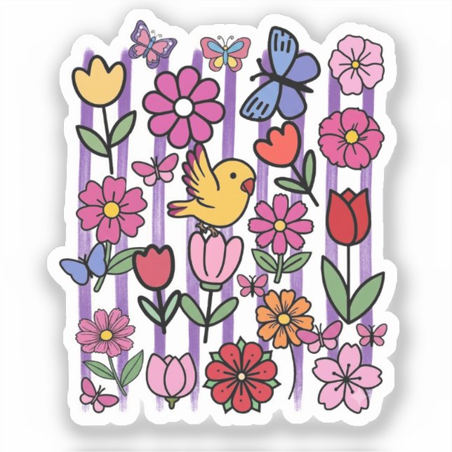 Autocollant doodle de jardin floral mignon Oiseau  (Recto)