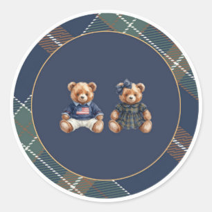 Autocollant d'ours en peluche preppy carreaux navy