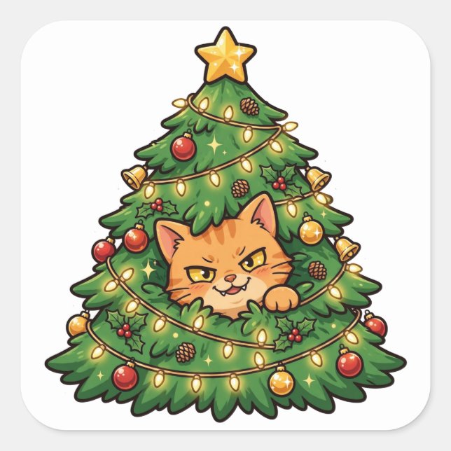 Autocollant drôle de chat dans l'arbre de Noël (Devant)