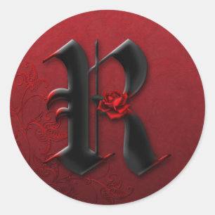 Autocollant du monogramme R de rose noir et rouge