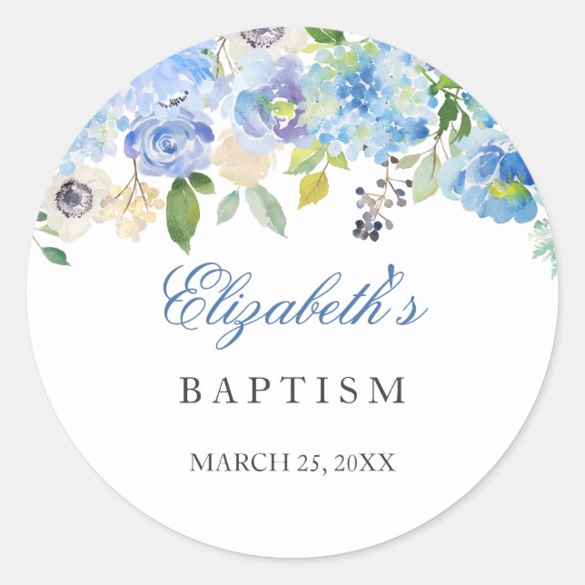 Autocollant élégant bleu floral baptême (Devant)