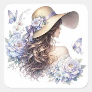 Autocollant élégant de dame florale bleue