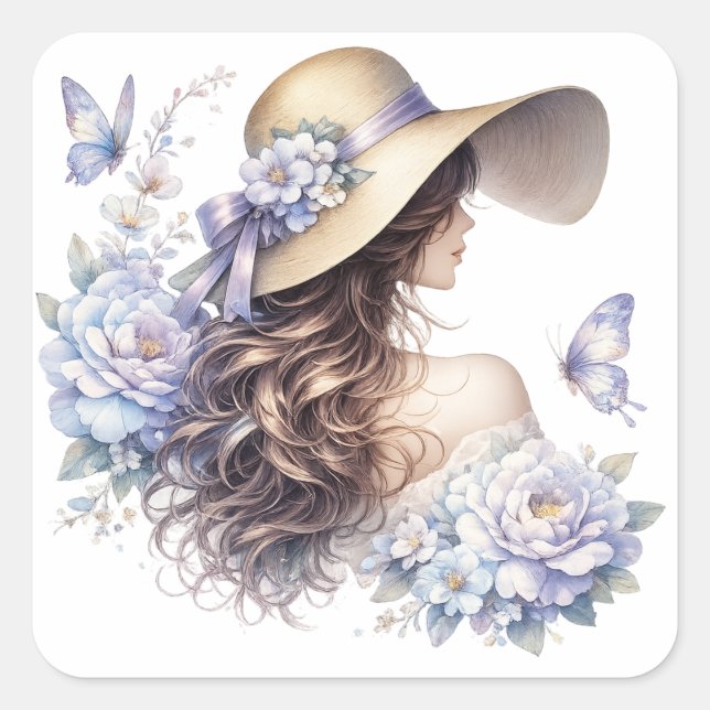 Autocollant élégant de dame florale bleue (Devant)