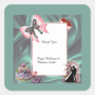 Autocollant élégant en satin sarcelle et nœud rose