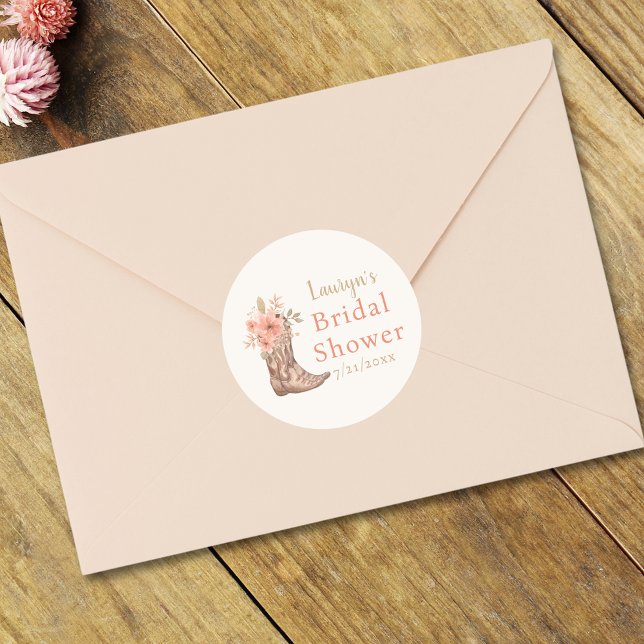 Autocollant élégant pour douche de mariée cowgirl  (Elegant Pink Floral Cowgirl Bridal Shower Sticker)