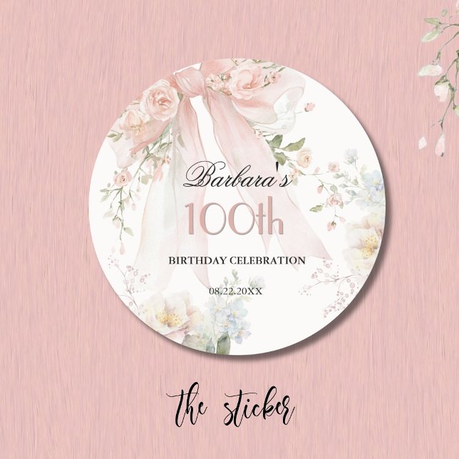 Autocollant Élégant Ruban Rose Floral 100e Anniver (Créateur téléchargé)