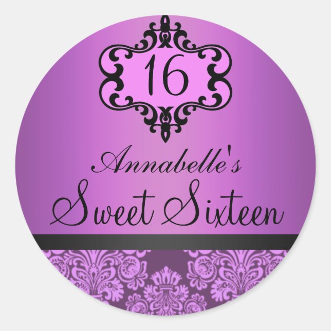 Autocollant Elégant Violet Chic Damassé Sweet 16 (Devant)
