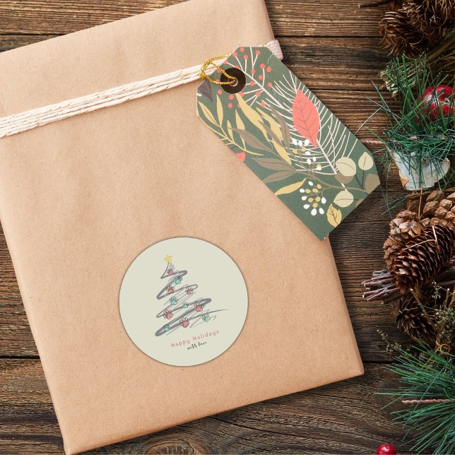 Autocollant Empreinte de patte de l'arbre de Noël (Personalize your gifts and packages with this minimal Christmas tree card with paw print ornaments!)