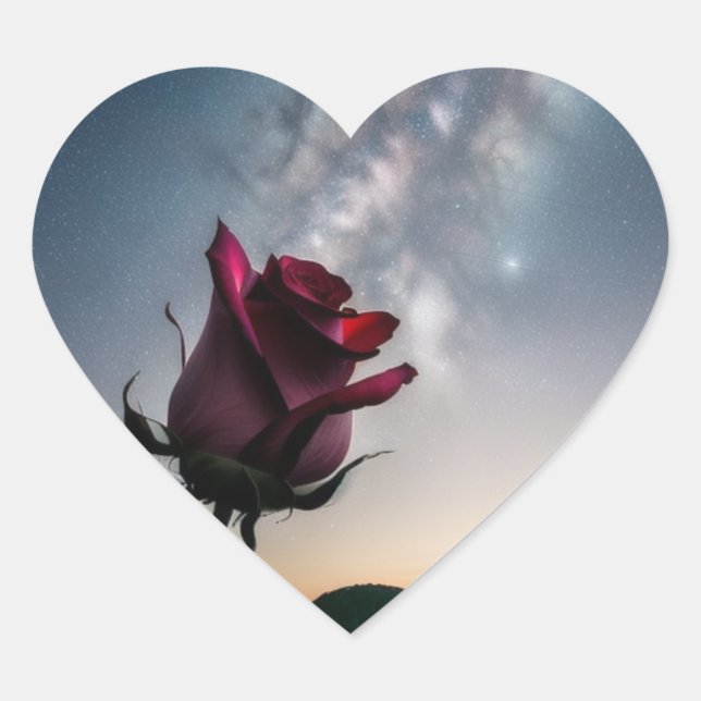Autocollant en forme de cœur avec rose et étoiles (Devant)