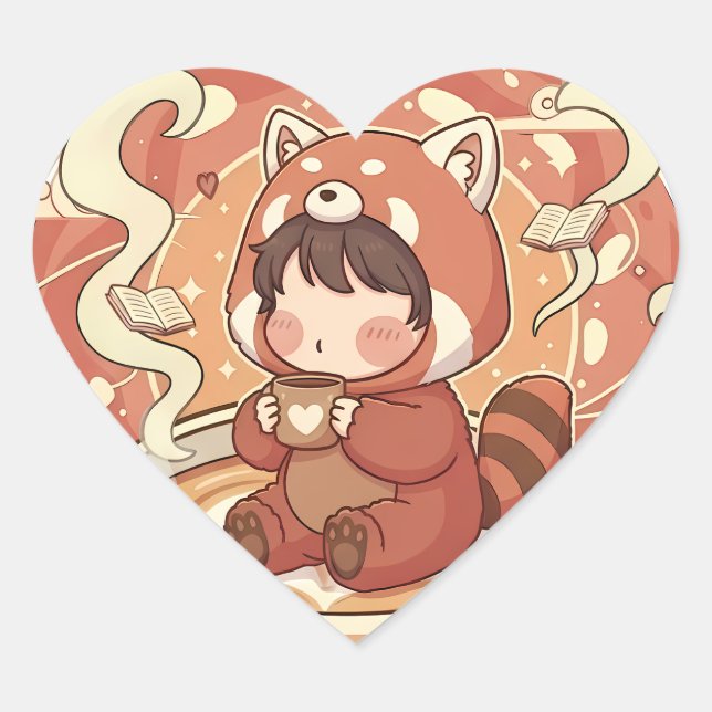 Autocollant en forme de cœur d'amour de panda roug (Devant)