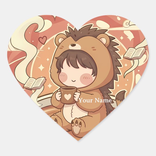 Autocollant en forme de cœur d'hérisson mignon (Devant)