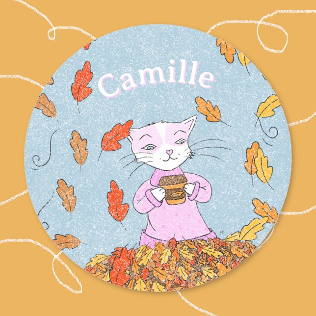 Autocollant Enfant Chute de Chat Élégant avec Nom (Cute kid personalized sticker . )