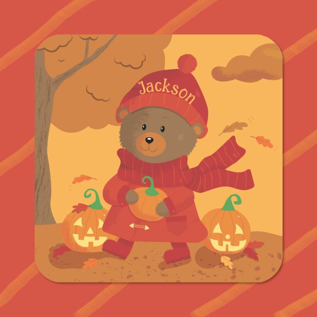 Autocollant Enfant Ours Brun Automnal (Cute brown bear with pumpkin kid autumn sticker .)