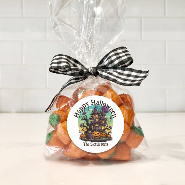 Autocollant familial personnalisé - Maison hantée (Personalized Family Halloween Candy Bag Sticker)
