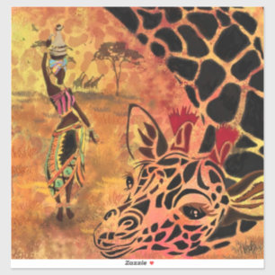 Autocollant femme et girafe d'Afrique