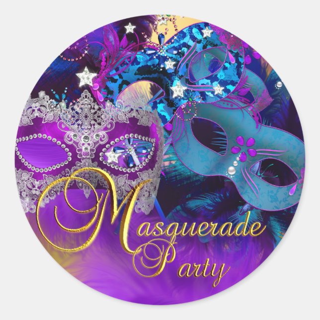 Autocollant Fête Masquée Masques Bleu Violet & Or (Devant)
