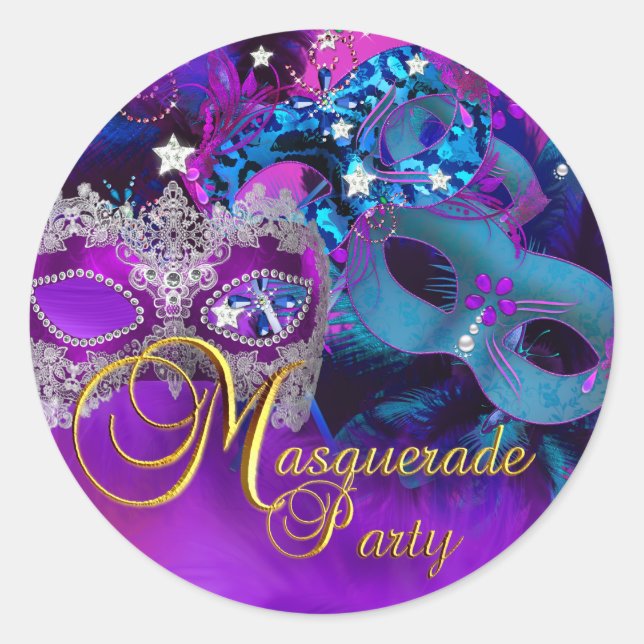 Autocollant Fête Masquée Masques Rose Bleu & Viole (Devant)