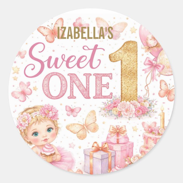 Autocollant Fille 1er Anniversaire Papillon Rose S (Devant)