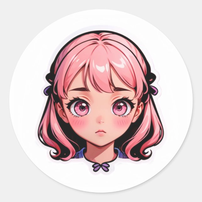 Autocollant Fille Anime - Cheveux Roses Style Chib (Devant)